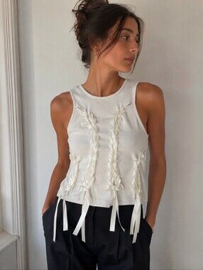 KOLLY White Ribbed Knit Tank Top Medium M Ribbon Lace Up Coquette Balletcore